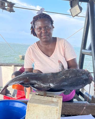Angela taking measurements of fish weight at Winam Gulf, Lake Victoria. Photocredit_Winnie Owoko, KMFRI Kenya